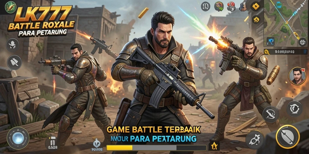 Screenshot utama LK777 menampilkan aksi seru di medan perang Battle Royale.