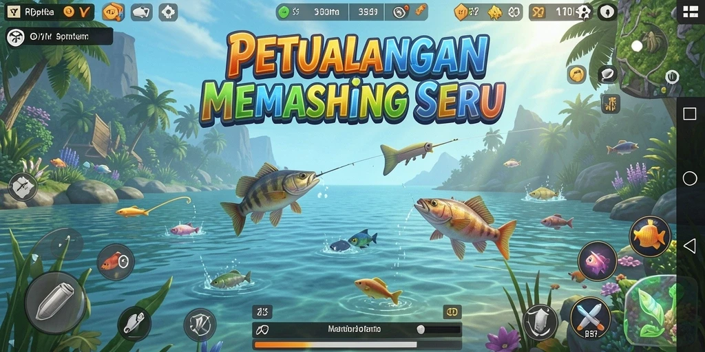 Screenshot gameplay RPYYY menampilkan aksi memancing yang seru di perairan yang indah.