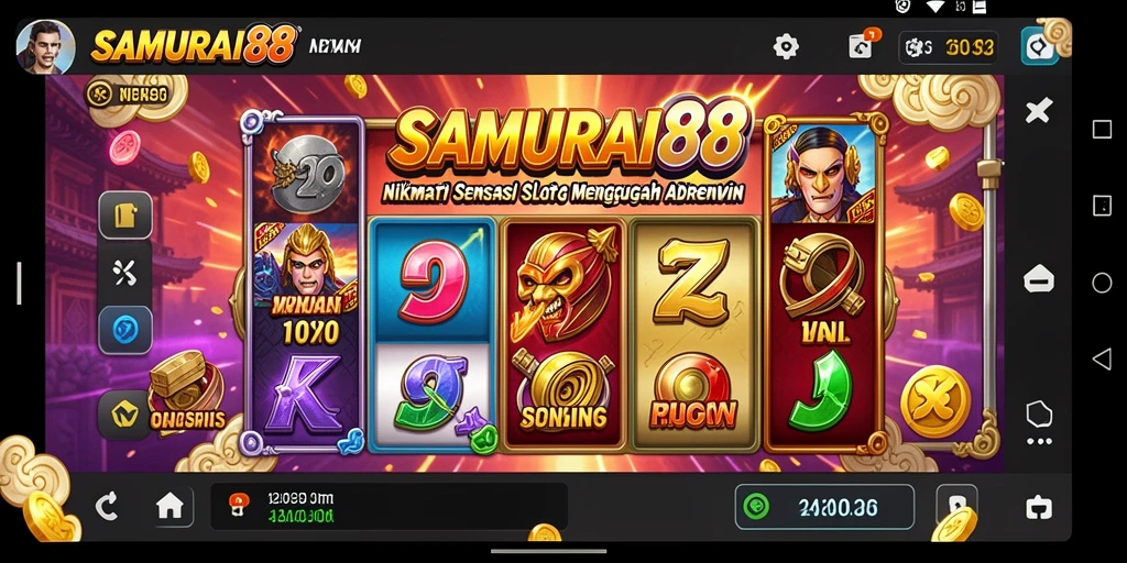 Tampilan gameplay <strong>SAMURAI88</strong> dengan gulungan yang penuh warna dan efek menarik.